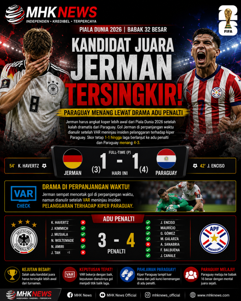Gol Dianulir di Perpanjangan Waktu, Jerman Tersingkir! Paraguay Menang Dramatis Lewat Adu Penalti